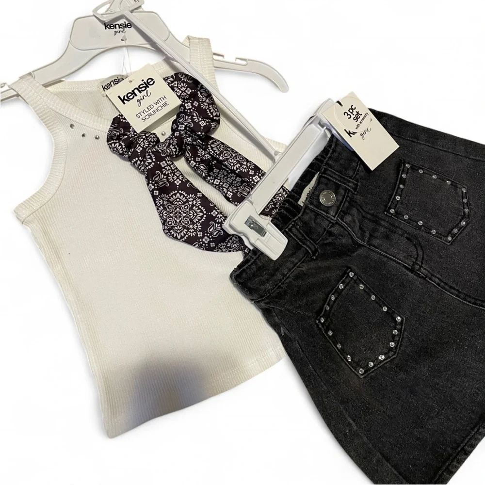 kensie girl 3 piece set w/ ribbed top, denim skirt & matching scrunchie